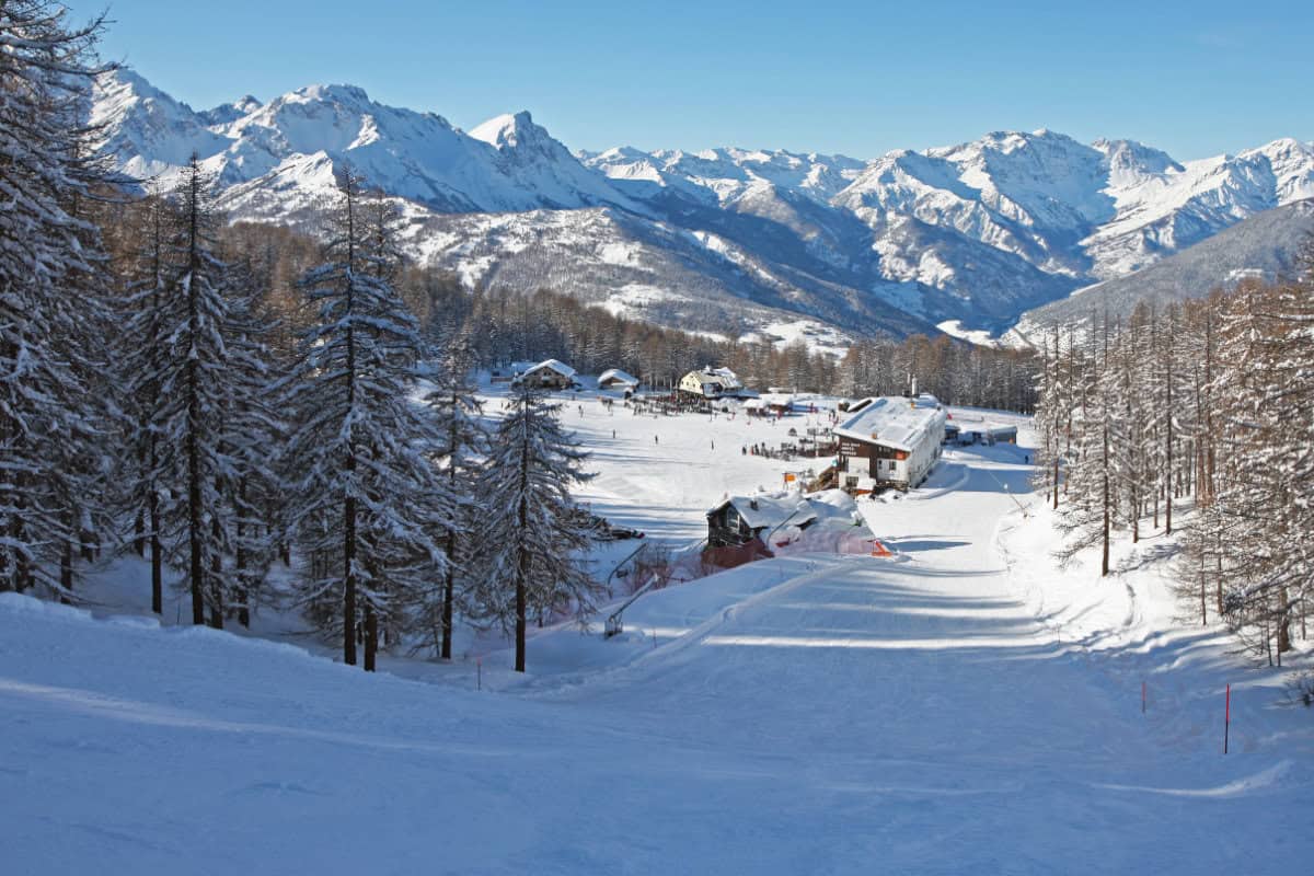 Tree lined slopes of Sauze d'Oulx ski resort